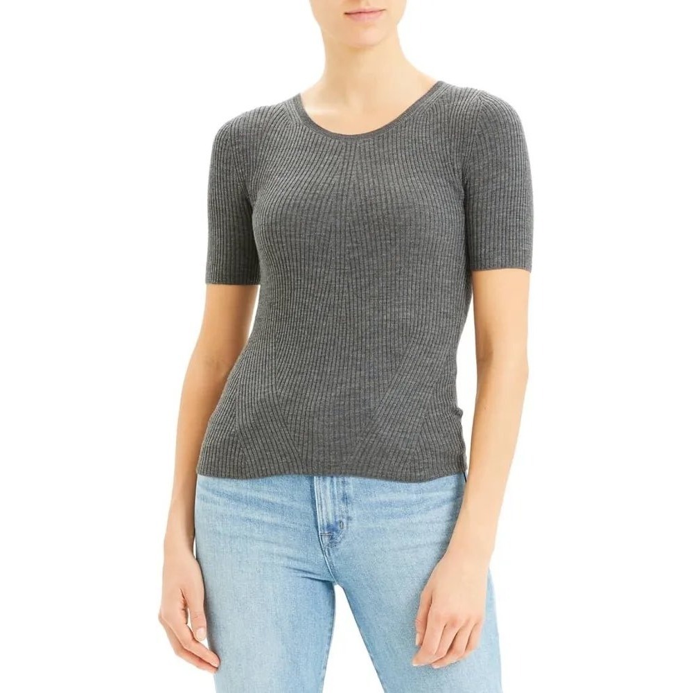Theory Moving Rib Regal Wool Tee Large Gray Short Sleeve Sweater Minimalist EUC